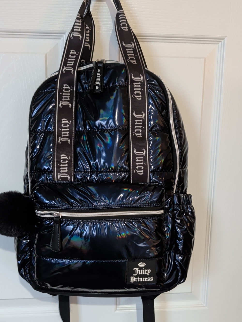 Juicy Couture Black Iridescent Puffer Backpack with Pom Charm